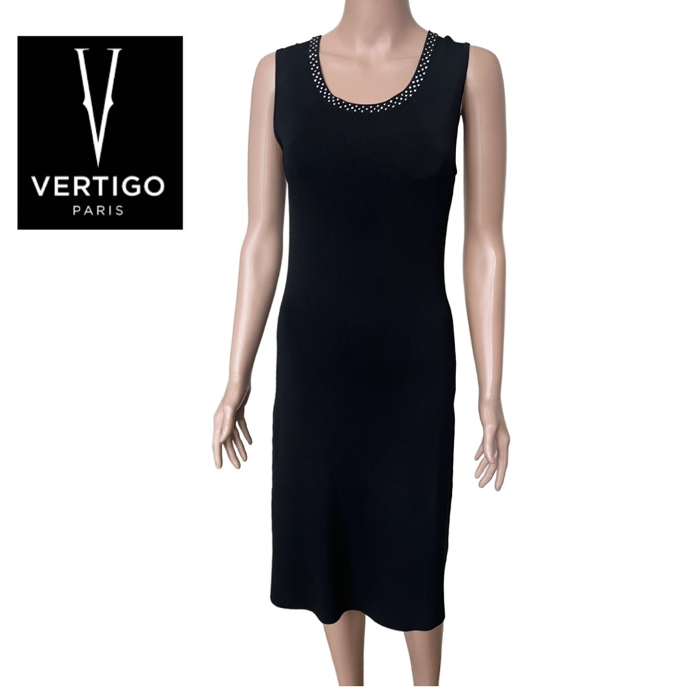 Vertigo Paris Black Sleeveless Dress Small w/ Rhinestone embellished Neckline